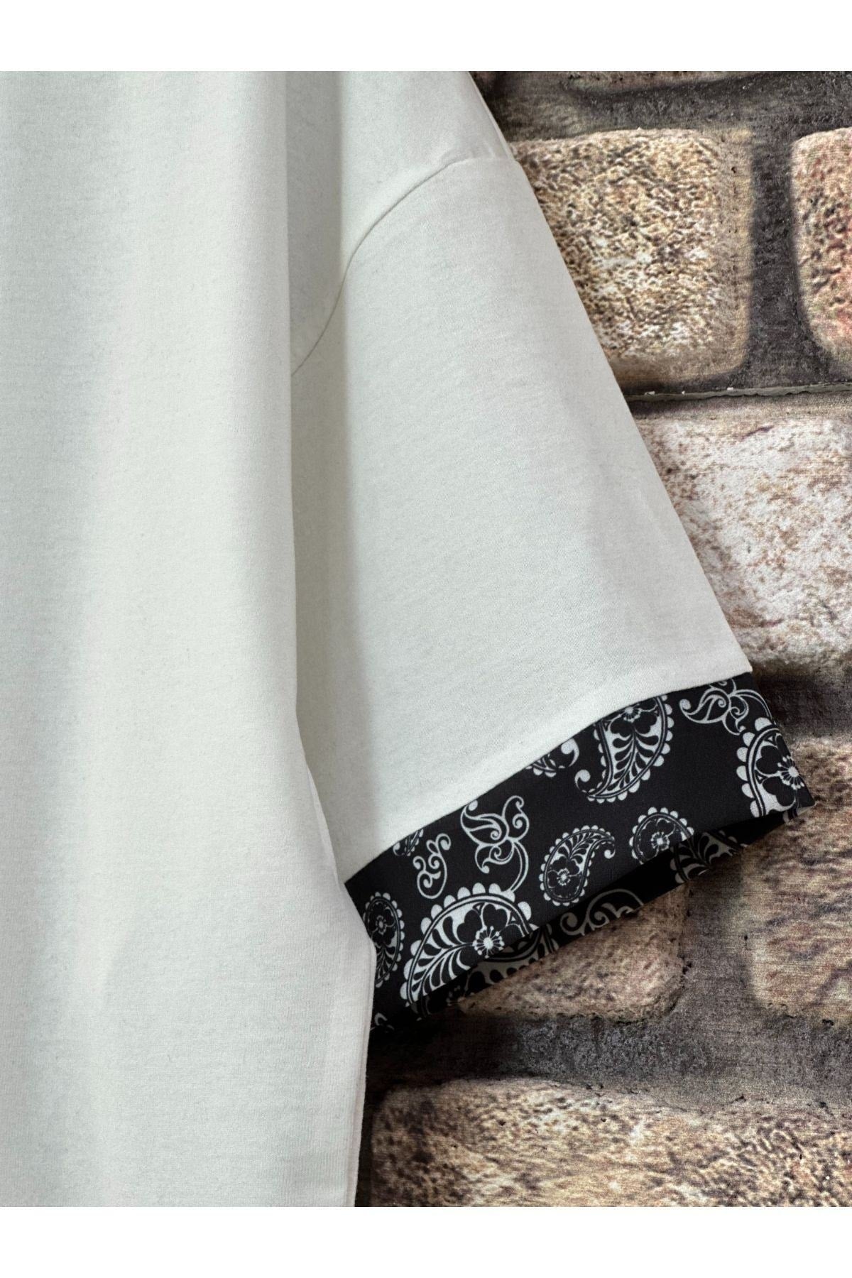 Men'S White Patterned Vertical Printed Oversize Tshirt Shorts Set