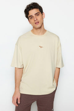 Men's Oversized Cotton T-Shirt with Dinosaur Embroidery