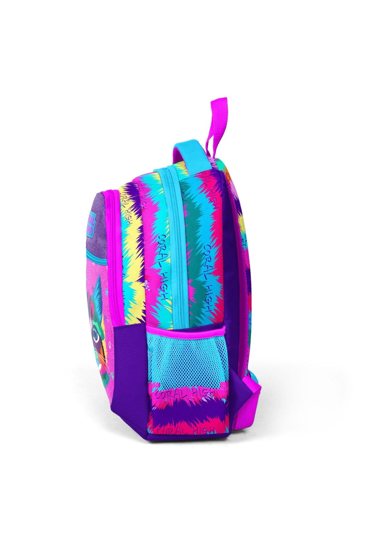 Kinder-Schulrucksack mit drei Fächern, lila/rosa, Katzenmuster, 23477