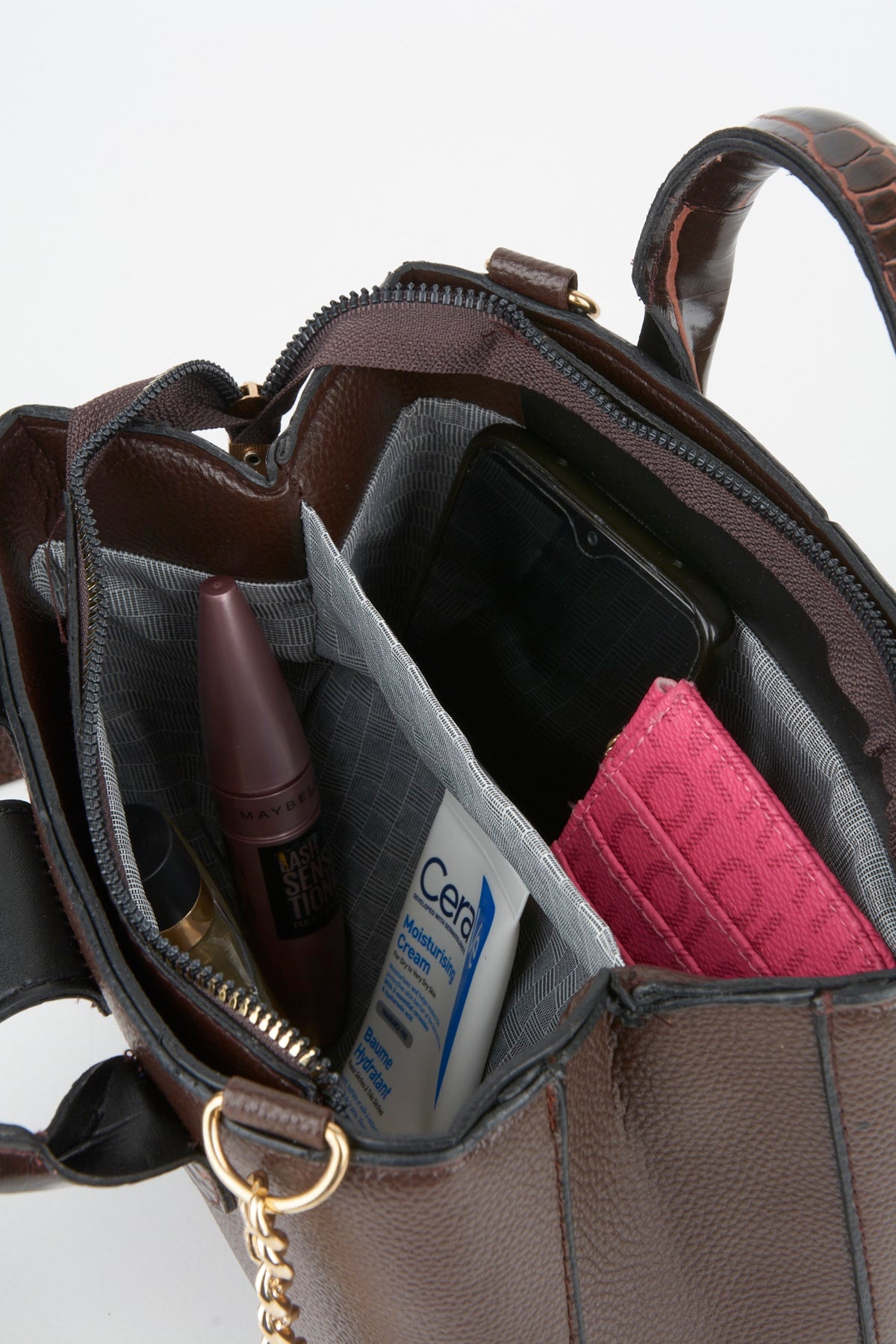 Damen-Hand- und Schultertasche mit 2 Fächern, Kroko-Griff und Druckknopfverschluss und Riemen in Bitterbraun