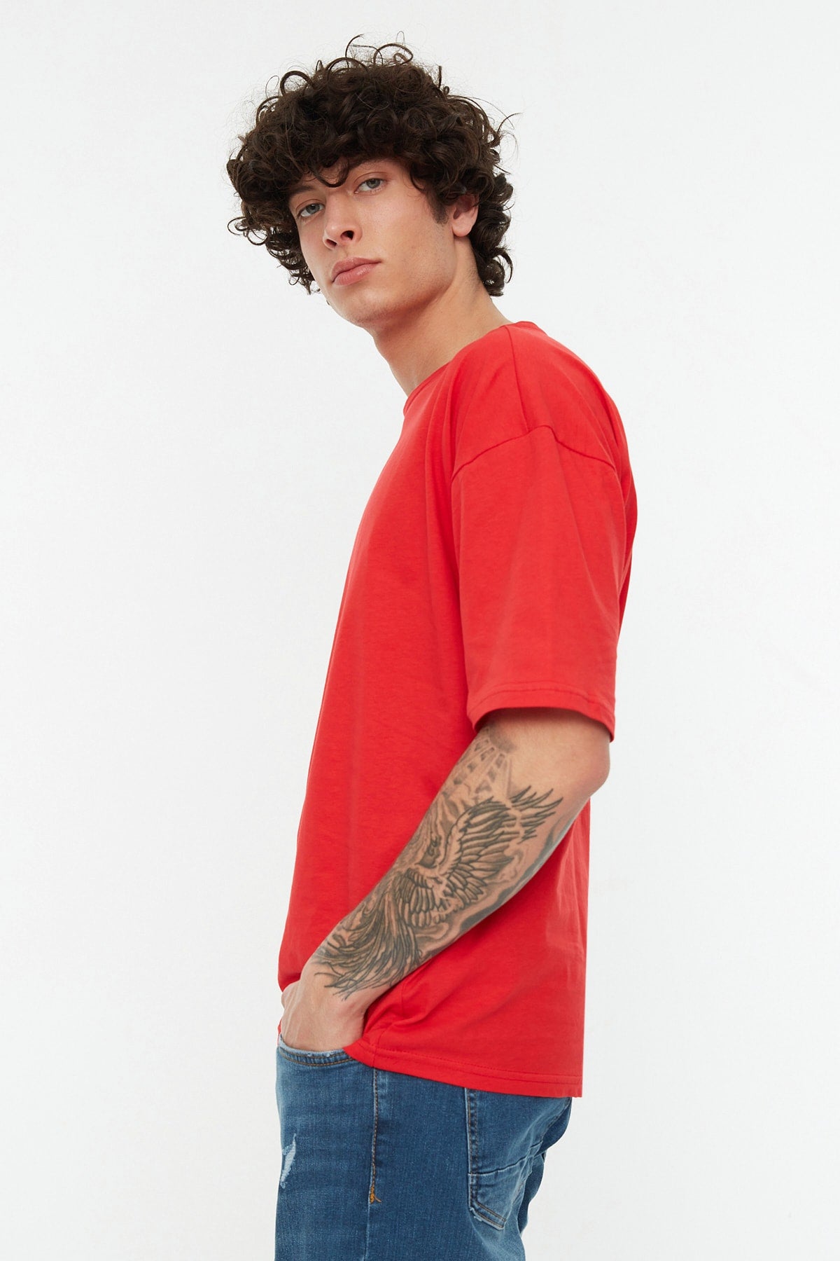 Red Men'S Basic 100% Cotton Crew Neck Oversize Short Sleeved T-Shirt