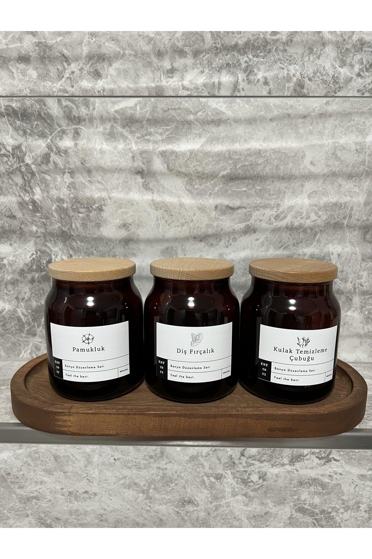 3 Piece Amber Glass Bathroom Organization Set With Wooden Stand Cotton Holder, Toothbrush Holder, Ear Cleaning Stick - Swordslife