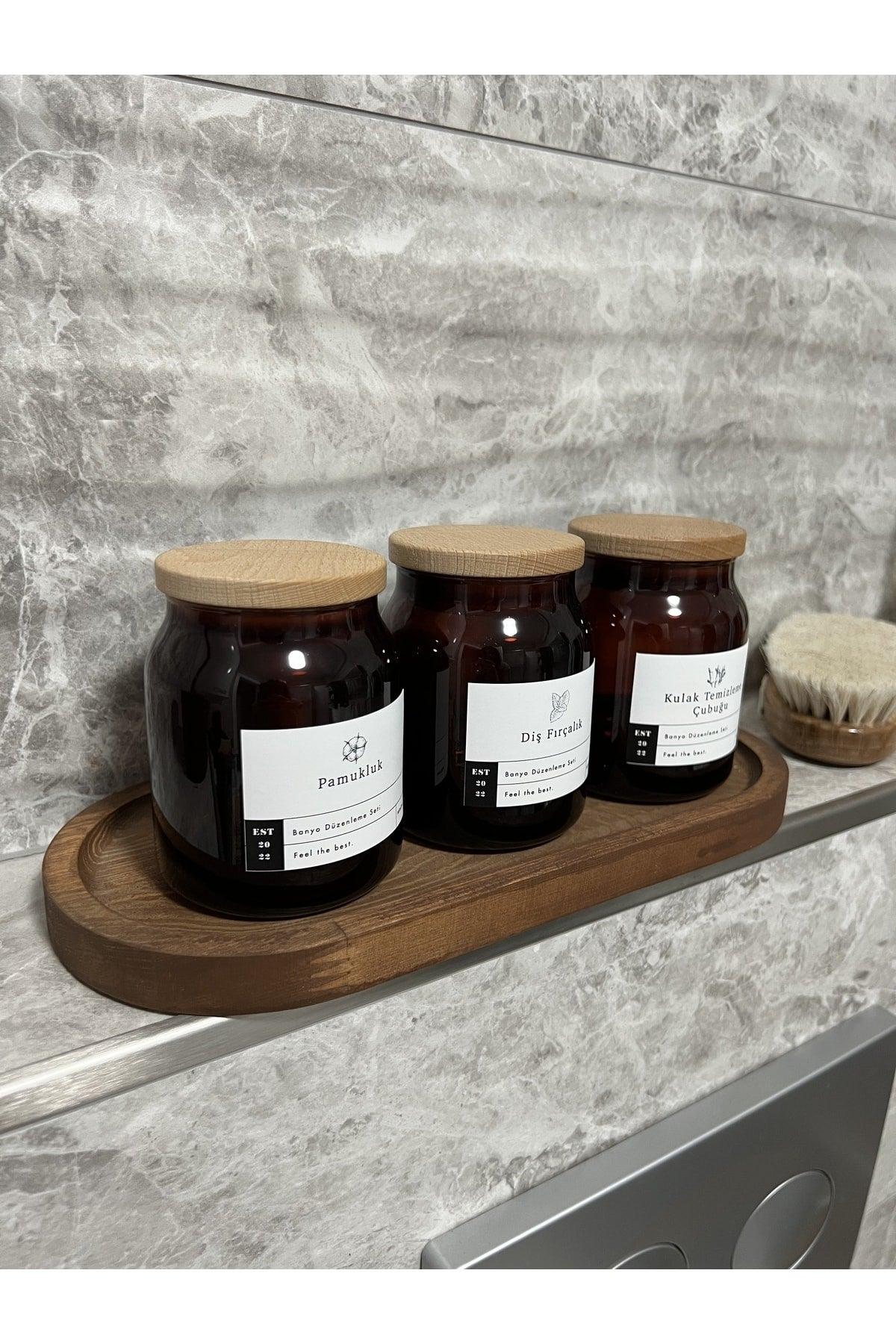 3 Piece Amber Glass Bathroom Organization Set With Wooden Stand Cotton Holder, Toothbrush Holder, Ear Cleaning Stick - Swordslife