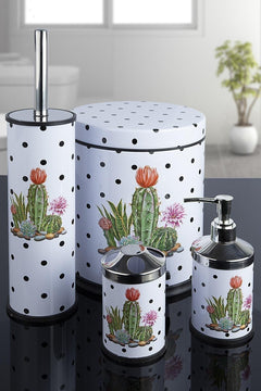 Cactus Patterned White Bathroom Set with Trash Can and Toilet Brush