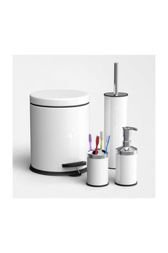 White bathroom set with bath bucket and toilet accessories