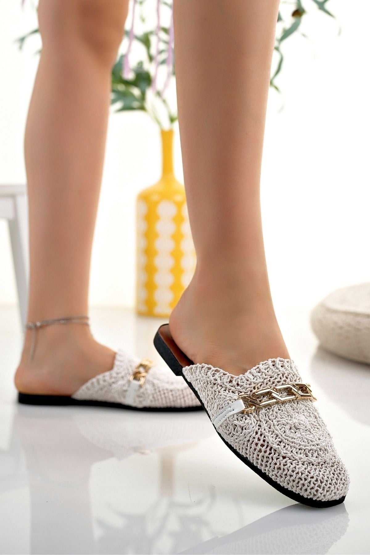 Women's Closed Front Straw Slippers White Lace Knitted Embroidered Dowry Casual Slippers