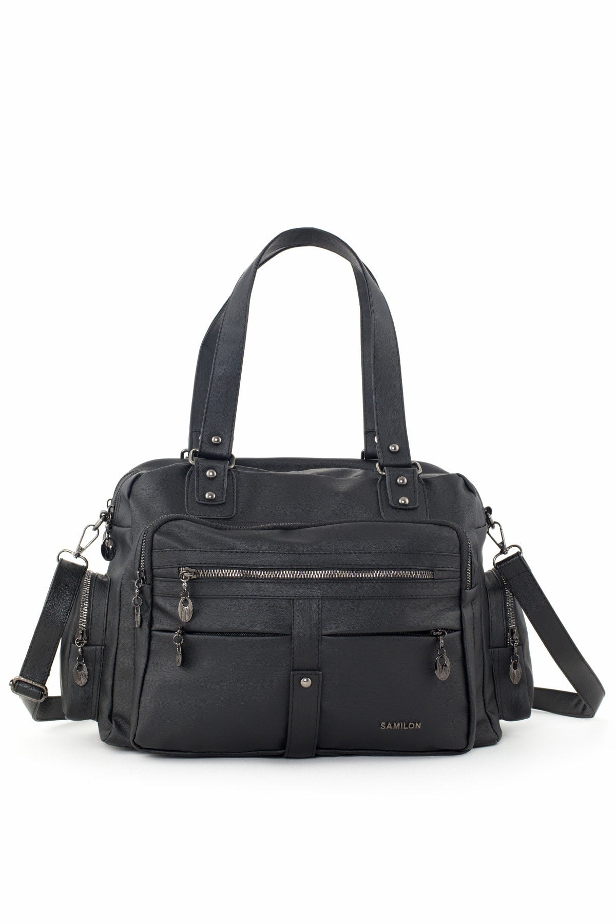 Samilon Damen-Schulter- und Handtasche aus gewaschenem Leder mit mehreren Fächern in Schwarz