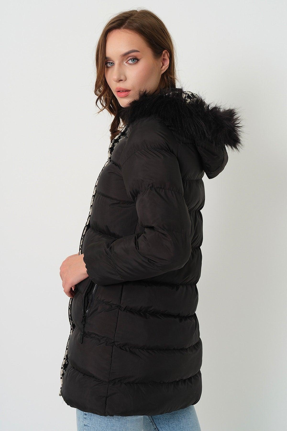 Women's Black White Fur Hooded Down Jacket - Swordslife
