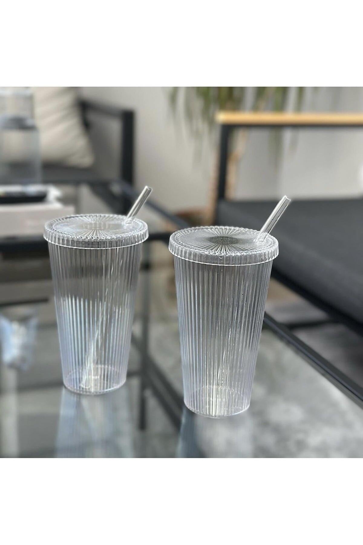 Mi̇Ka 2 Pieces 600 Ml Mica Lid Origami Style Mica Cup With Straw | Presentation Glass Soft Drink Glass