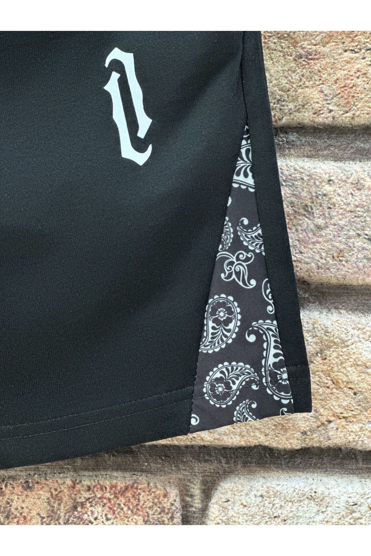 Men'S White Patterned Vertical Printed Oversize Tshirt Shorts Set