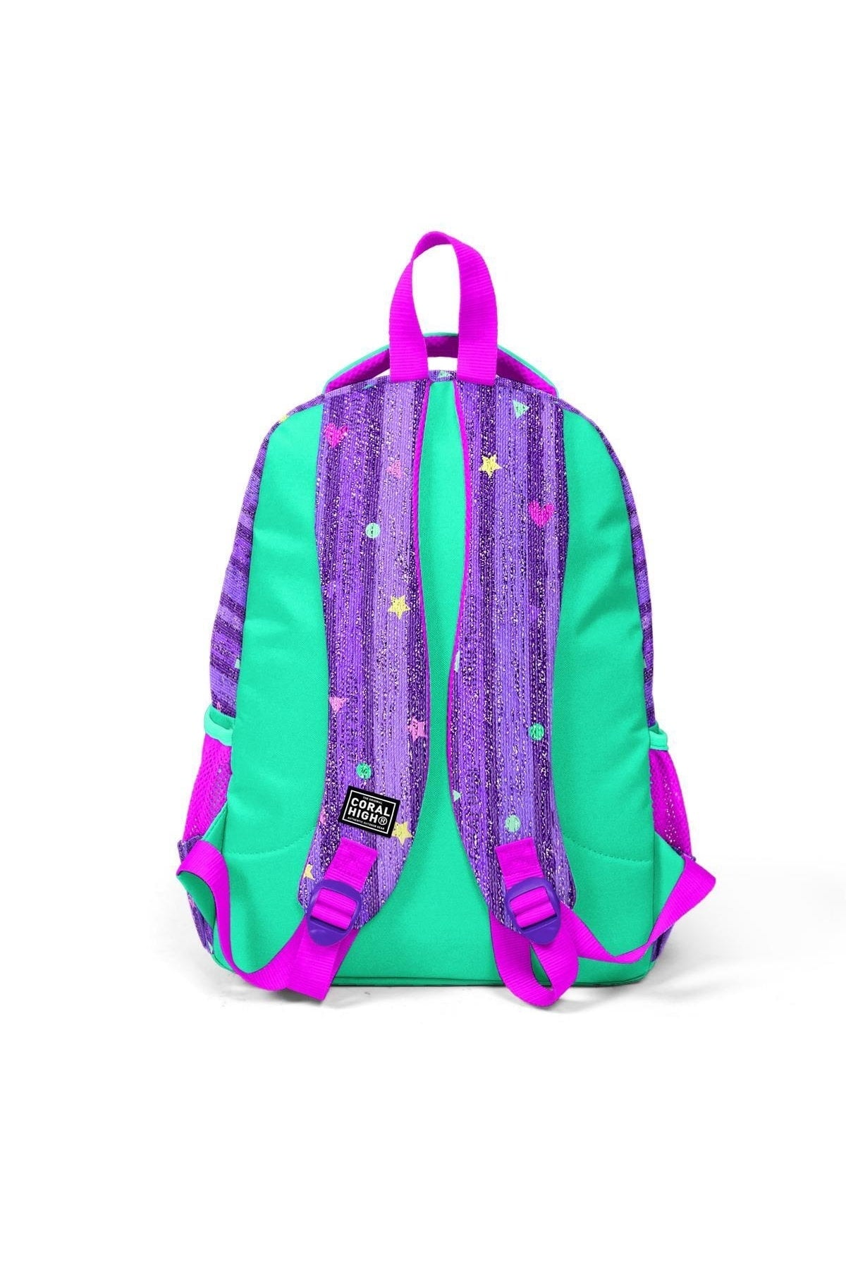 Kinder-Schulrucksack mit drei Fächern und Einhorn-Muster, Lila/Wassergrün, 23487