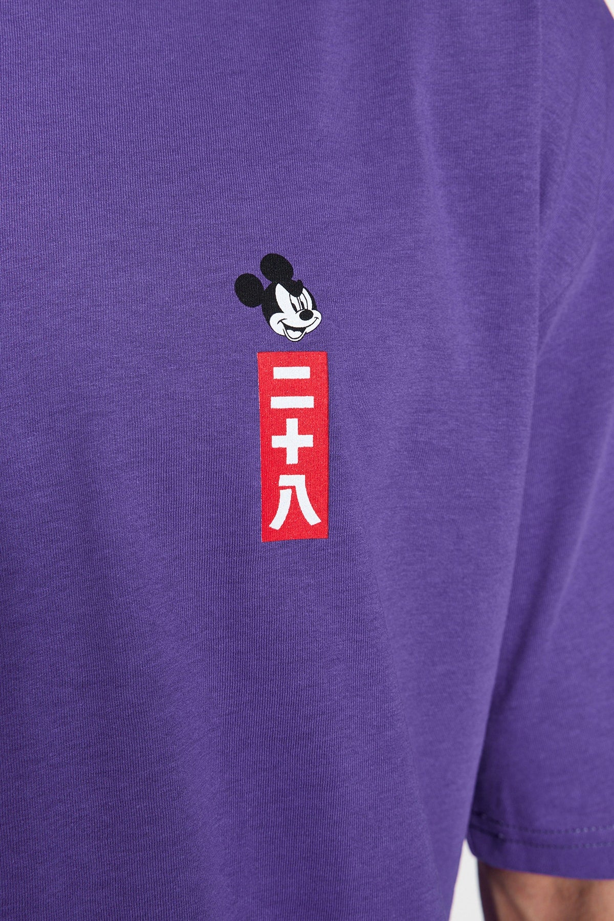 Purple Men'S Oversize Crew Neck Short Sleeve Printed Mickey Mouse Printed Licensed T-Shirt