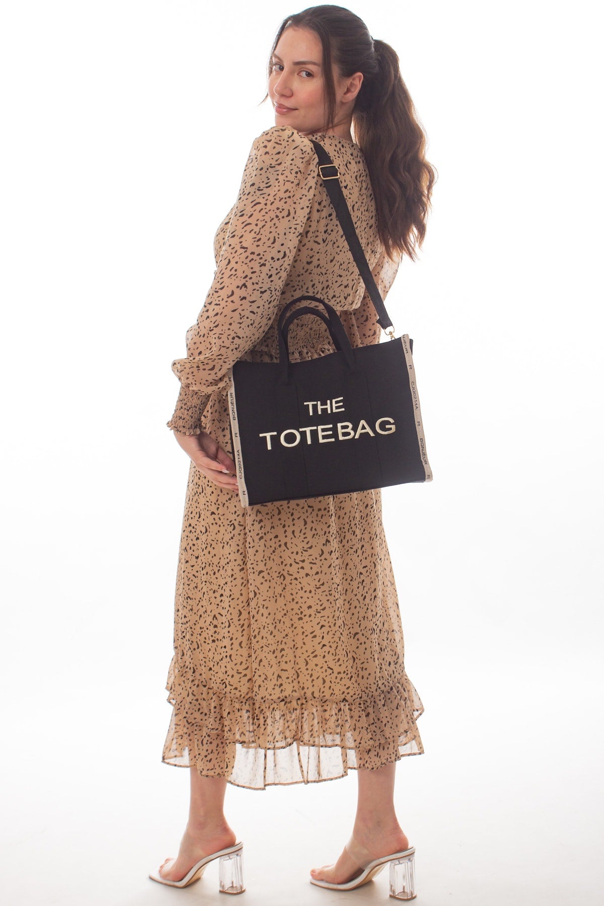 Women'S Black Tote Bag Canvas Long Strap Bag Shoulder Bag