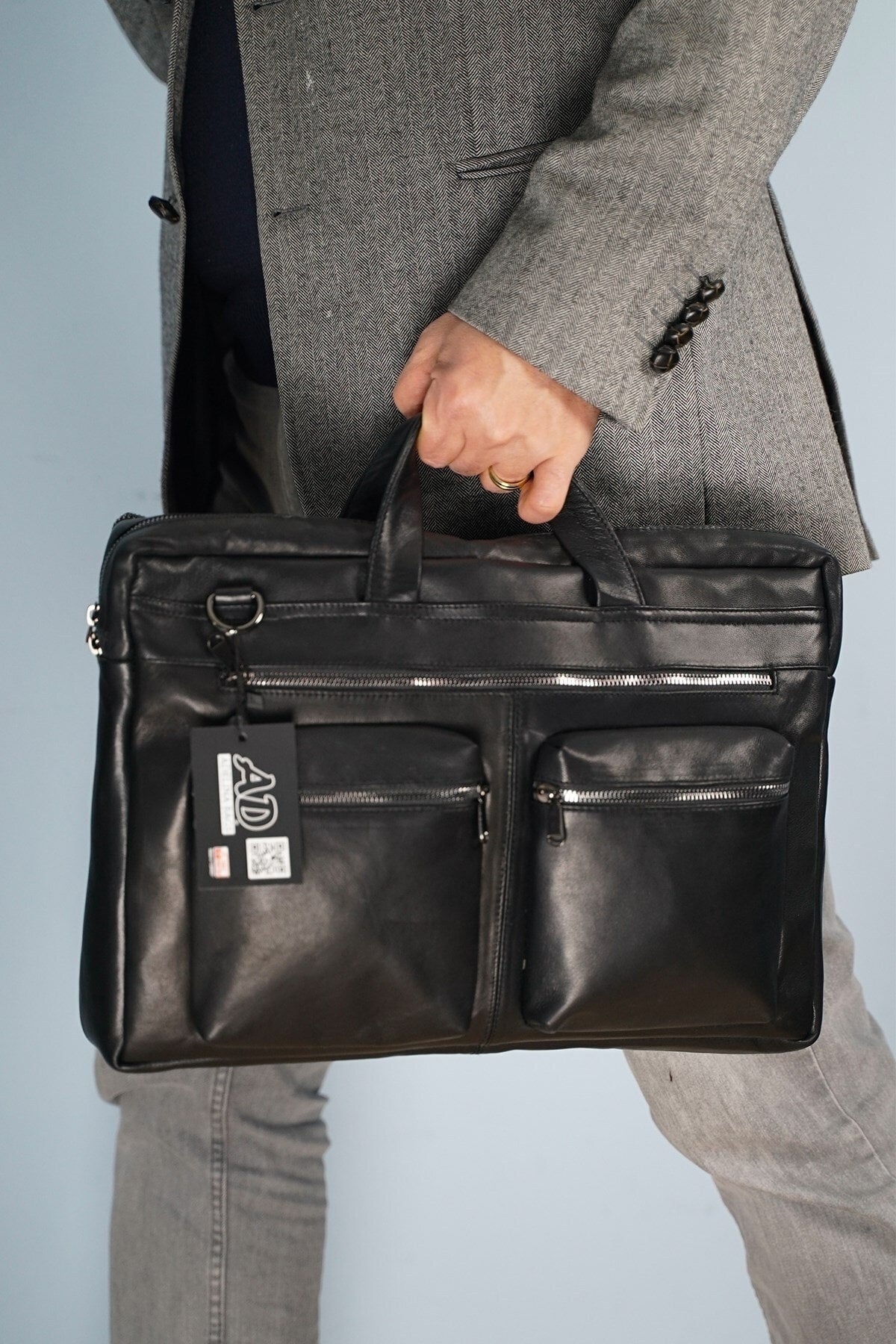 Herren Aktentasche aus schwarzem Echtleder, große Größe, Laptop-Hand- und Schultertasche