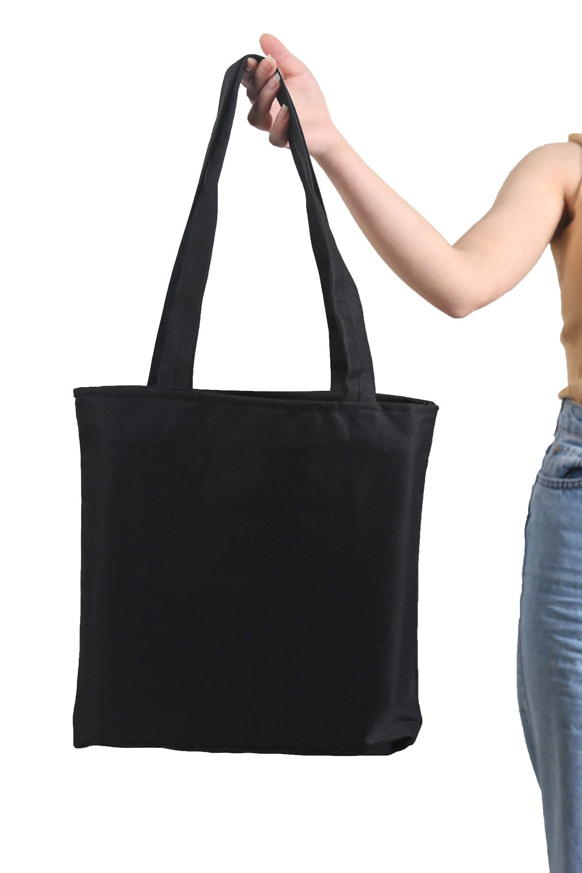 Schwarze Damentasche mit Reißverschluss, Hand- und Schultertasche aus Canvas