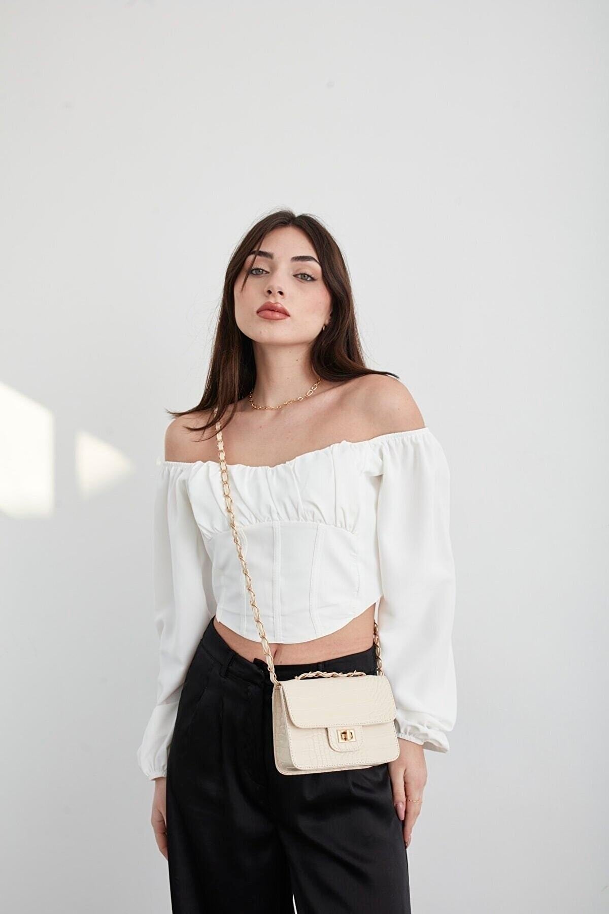 Cream Women'S Crocodile Patterned Mini Shoulder Bag