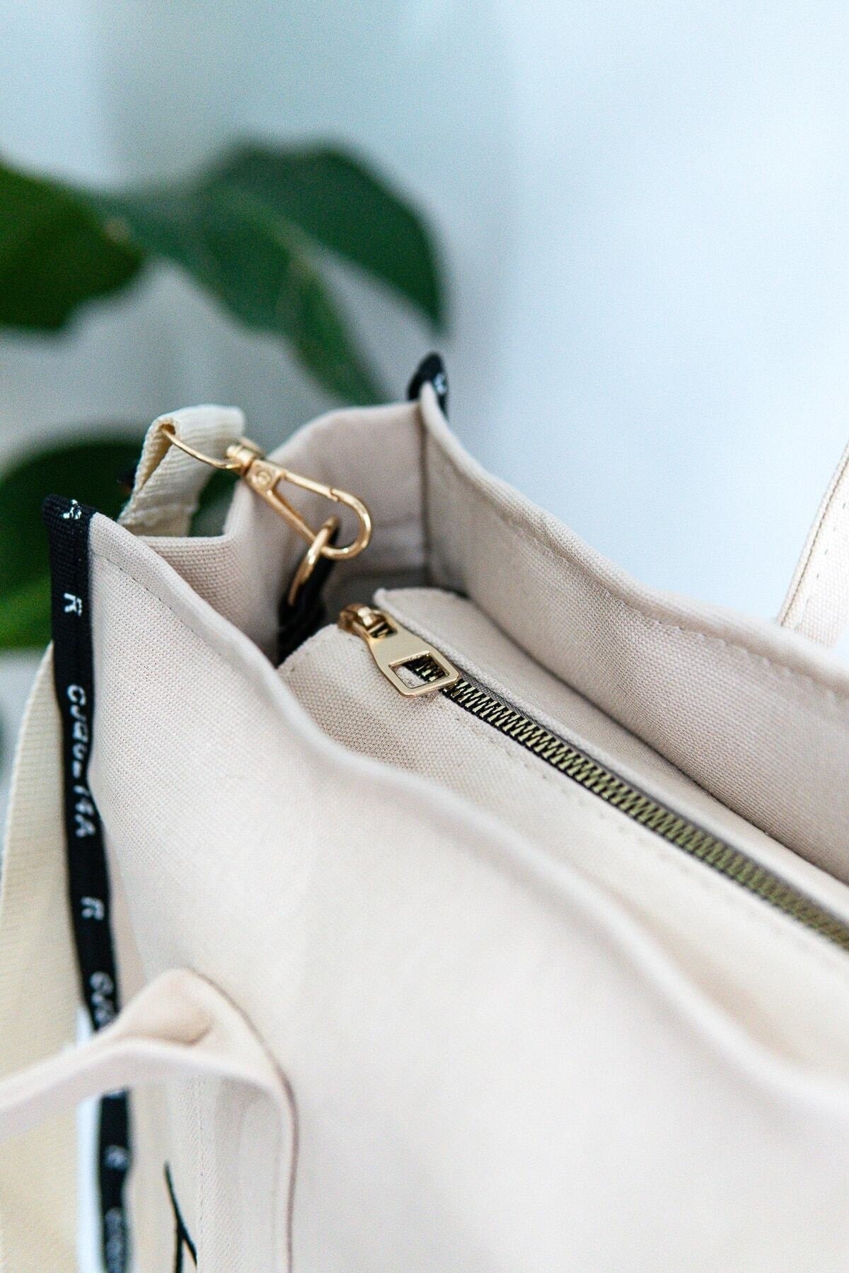 Women'S Cream Tote Bag Canvas Long Strap Bag Shoulder Bag