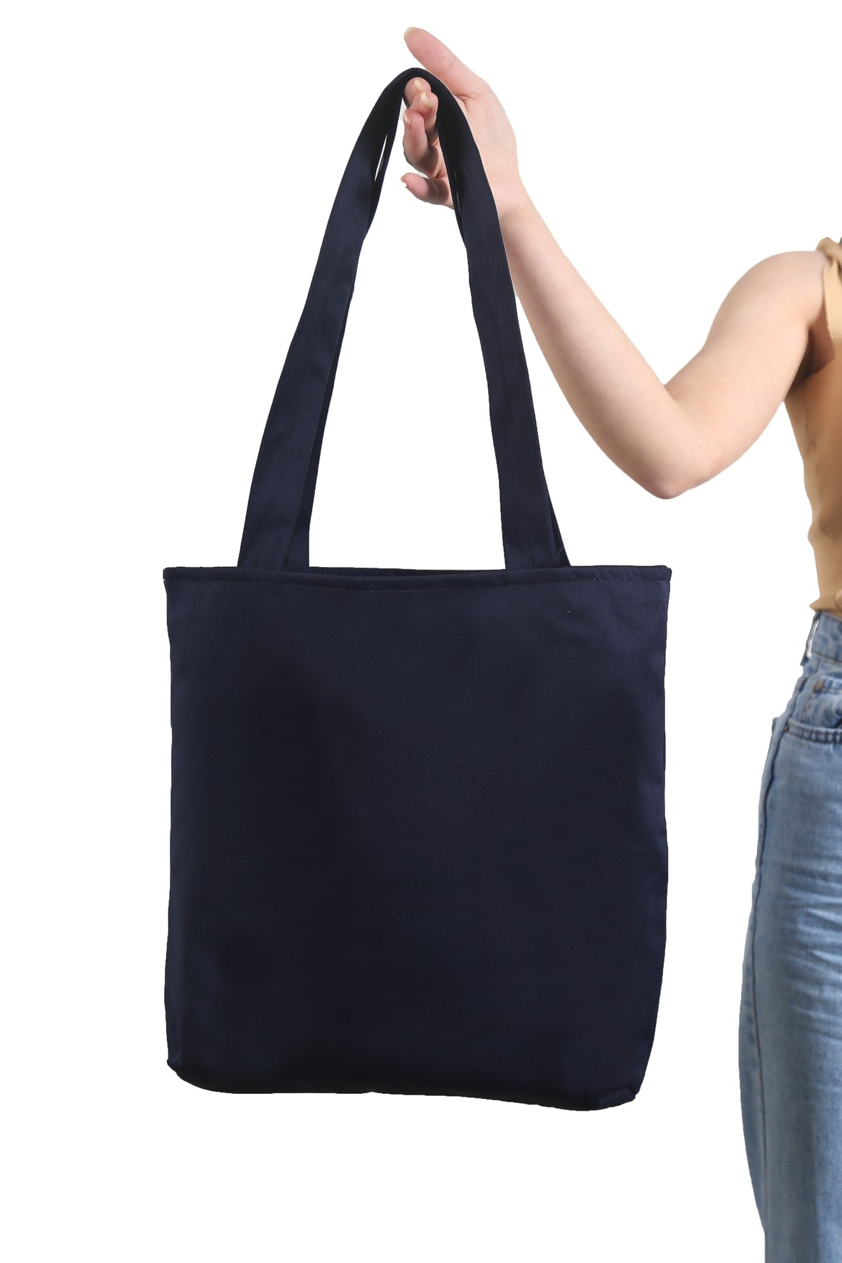 Women'S Navy Blue Bag Zippered Hand And Shoulder Bag Canvas Fabric Tote Bag