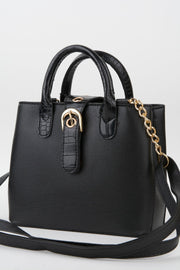 Women'S Black Faux Leather Shoulder And Hand Strap Snaps Zipper Closure Hand And Shoulder Bag