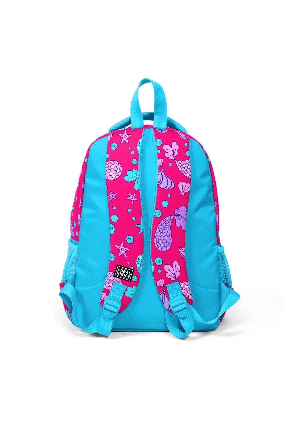Kinder-Schulrucksack mit drei Fächern, blau/rosa, Meerjungfrauen-Muster, 23476