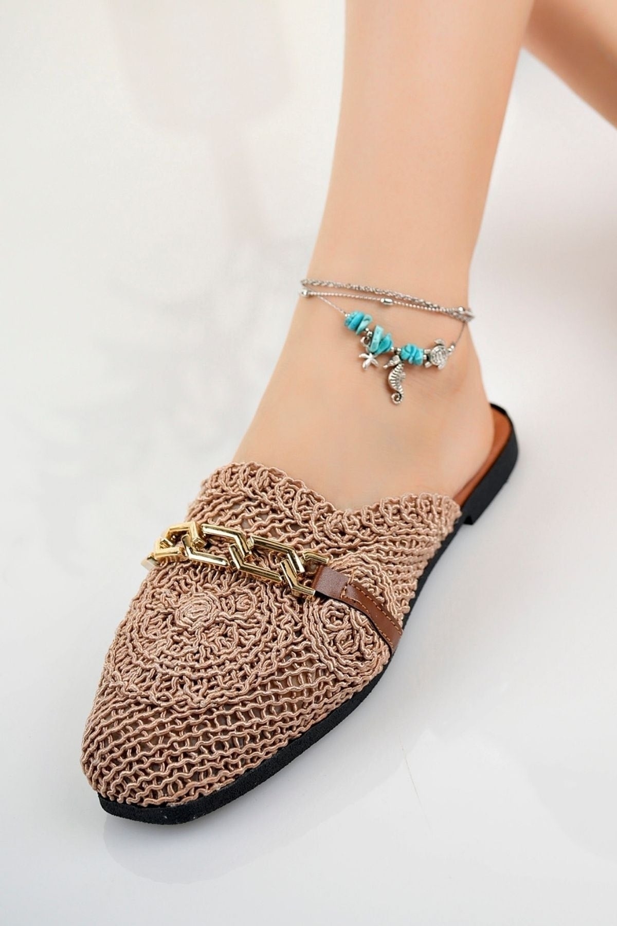 Women's Closed Front Straw Slippers Taba Lace Knitted Embroidered Dowry Daily Slippers