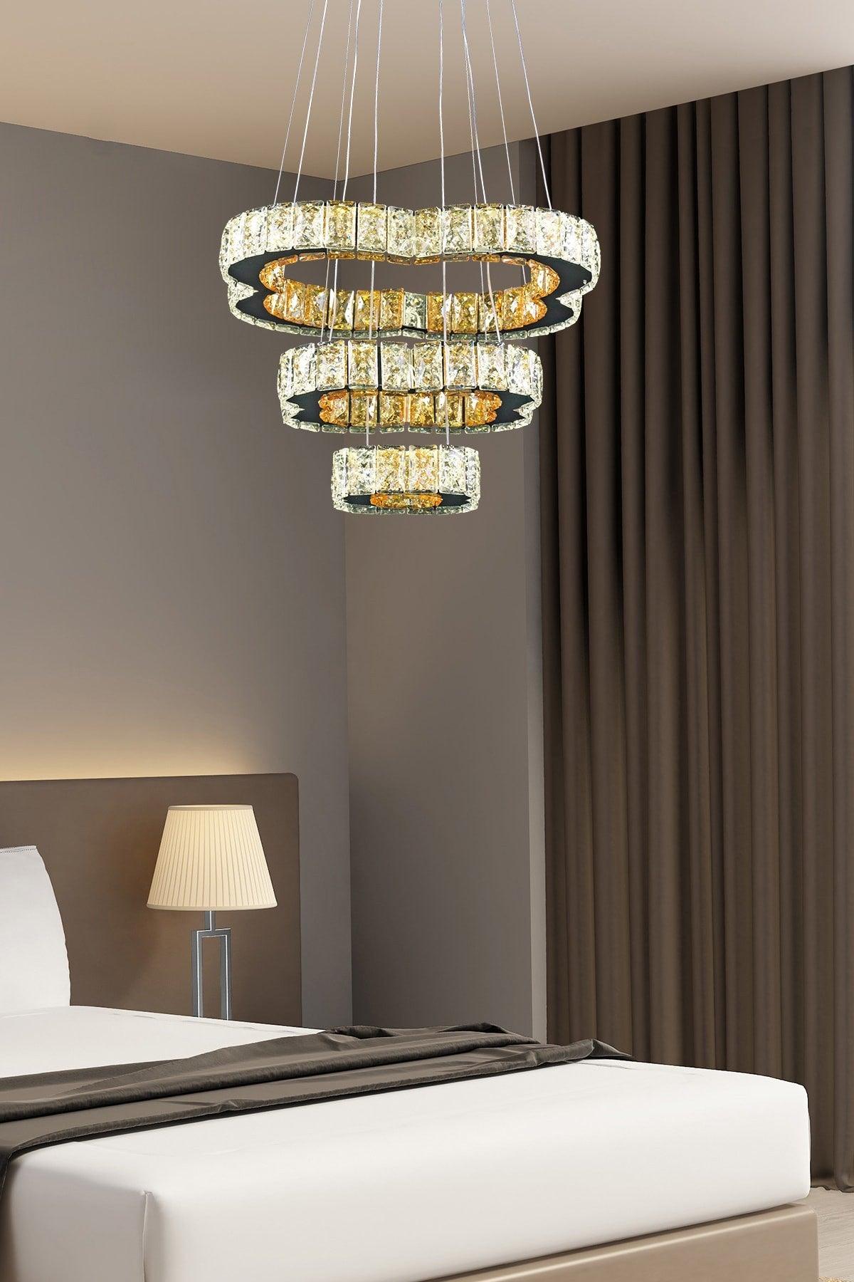 A+ Modern Pendant Lamp Triple Crystal Stone Power Led Chandelier Gradual 3 Color Controlled Chrome - Swordslife