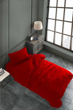 Single red cotton duvet cover set with elastic bed sheet