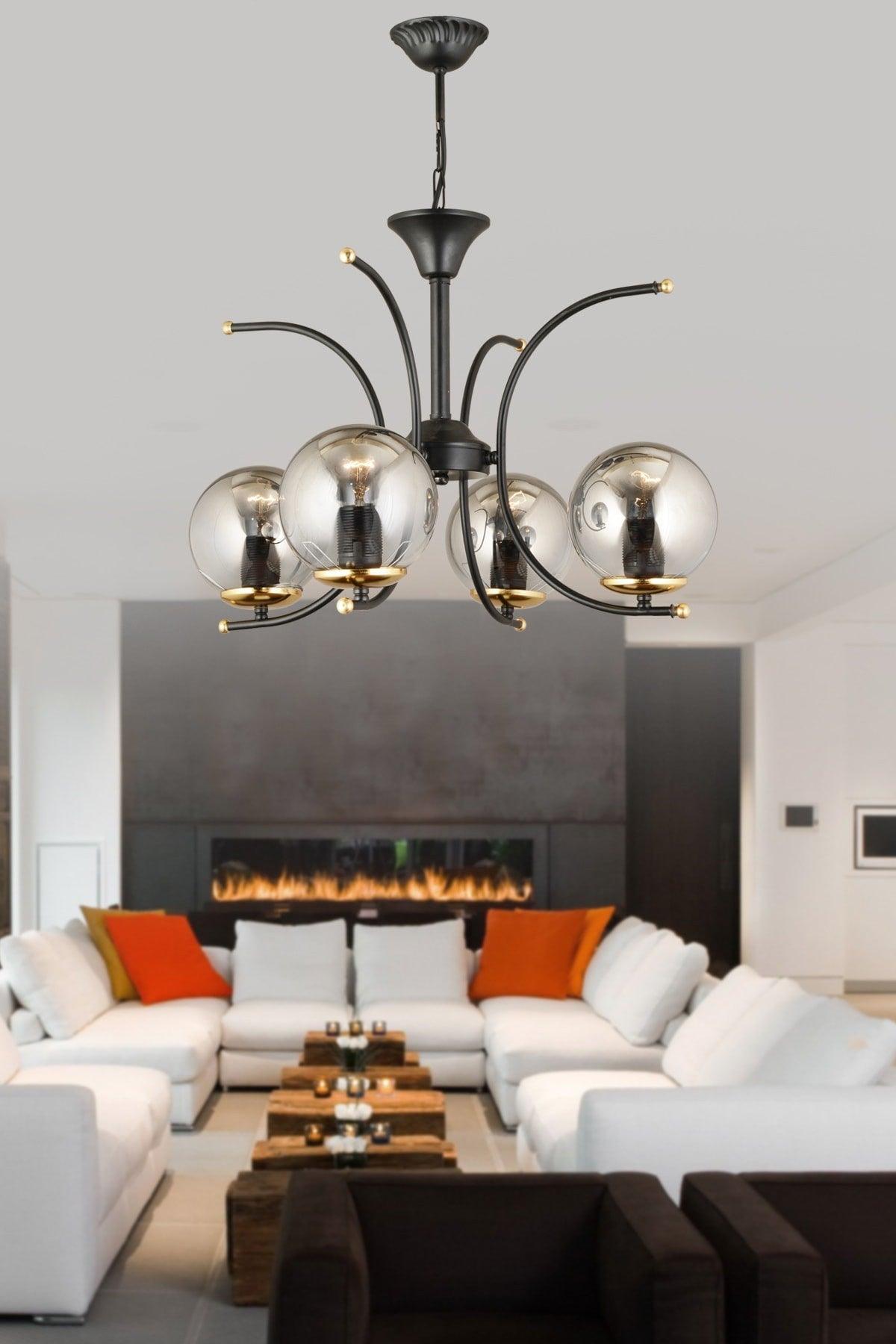 Bade Black 4-Piece Smoked Globe Glass Upward Facing Modern Luxury Chandelier - Swordslife