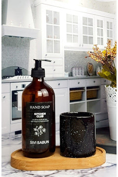 500ml Amber Glass Soap Dispenser with Wooden Stand and Ceramic Toothbrush Holder Set