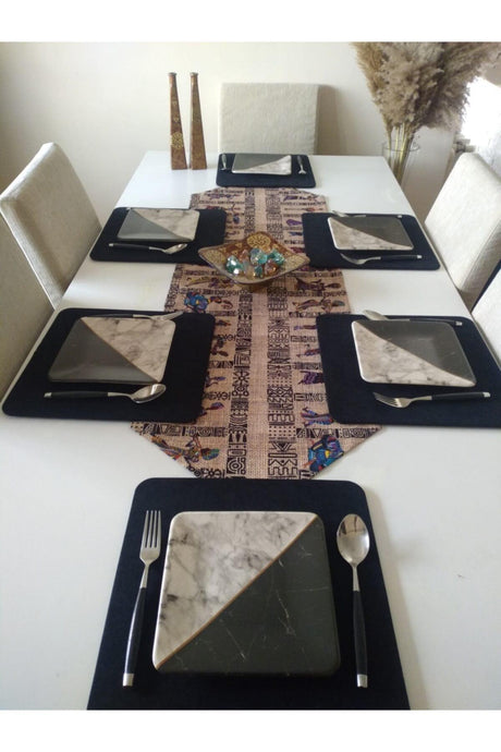 Placemat (6 Black Square Bottoms, 1 Ethnic African Women Patterned Runner) - Swordslife