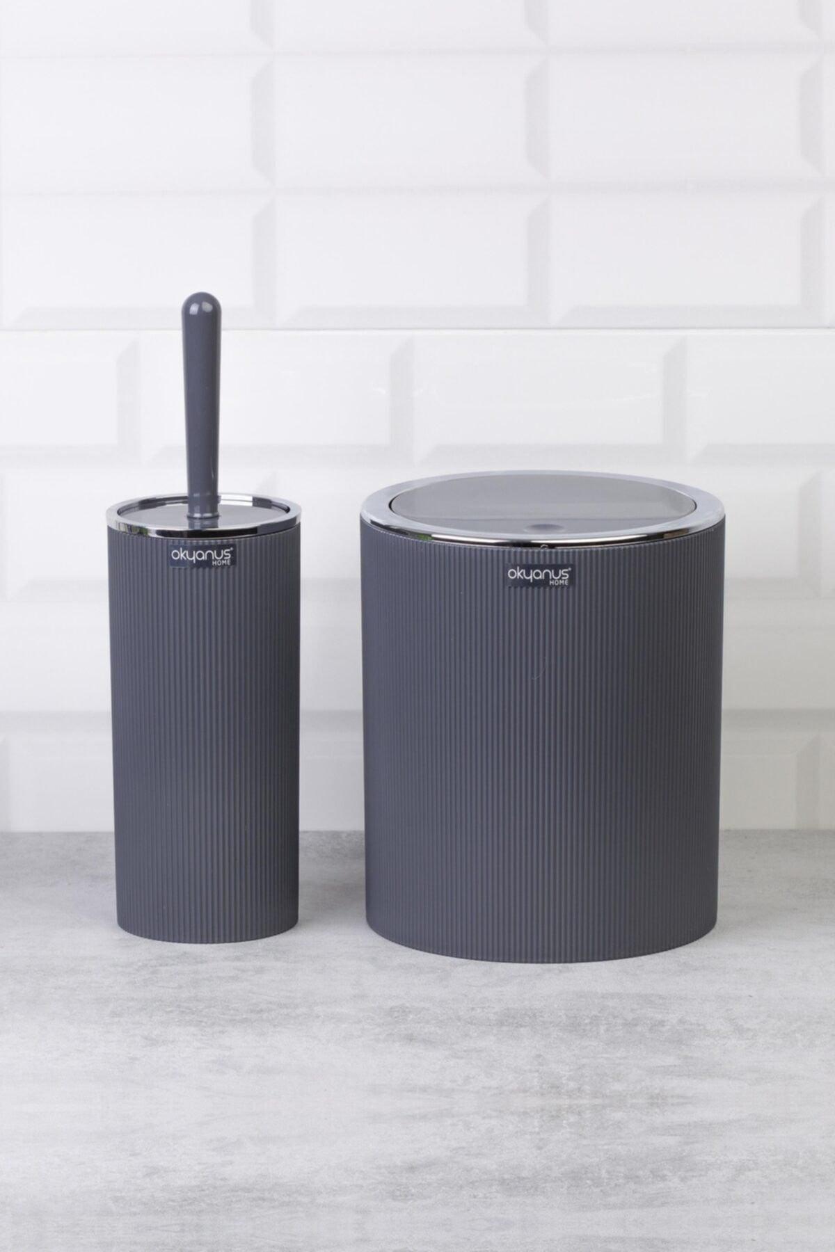 Anthracite Chrome Striped Round Wc Bucket and Brush Set - Swordslife