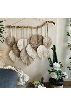 Handmade Macramé Wall Hanging on Natural Wood 90x55 cm