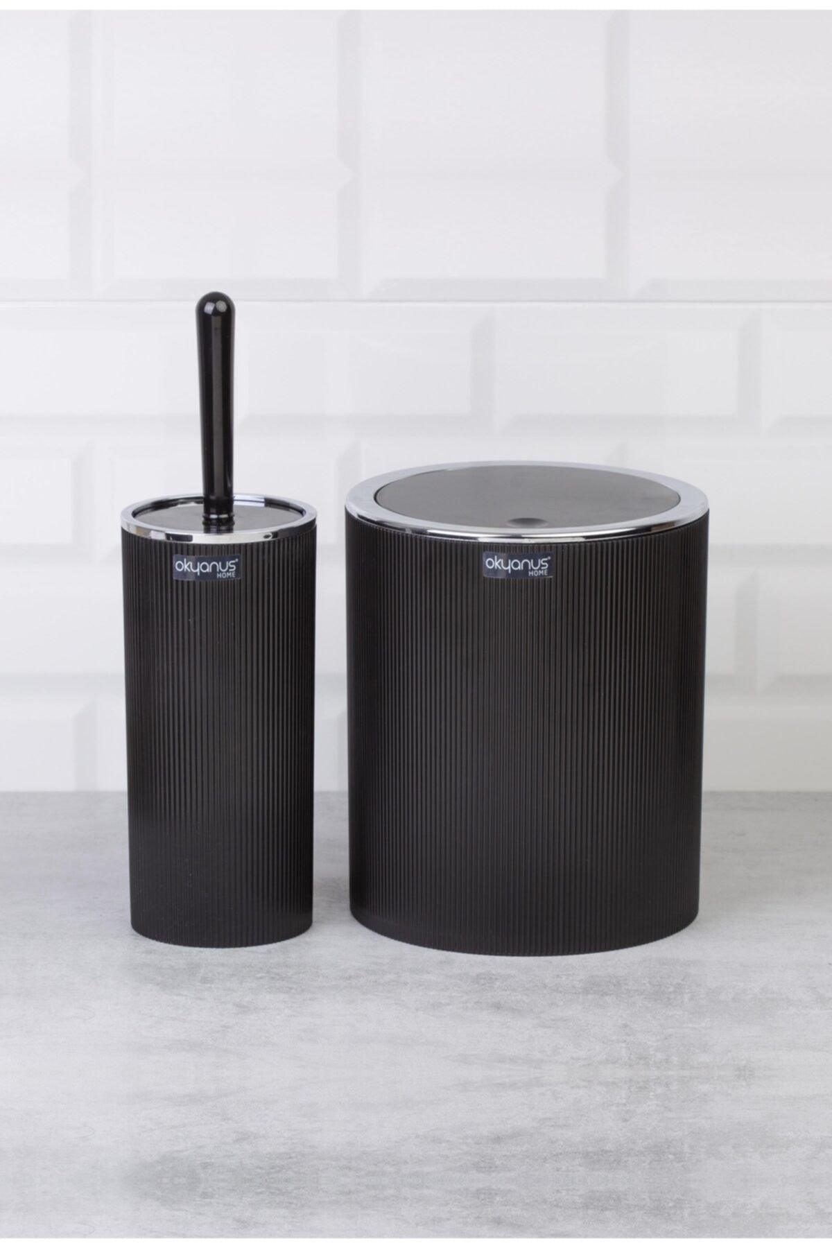 Black Chrome Striped Round Wc Bucket And Brush Set - Swordslife