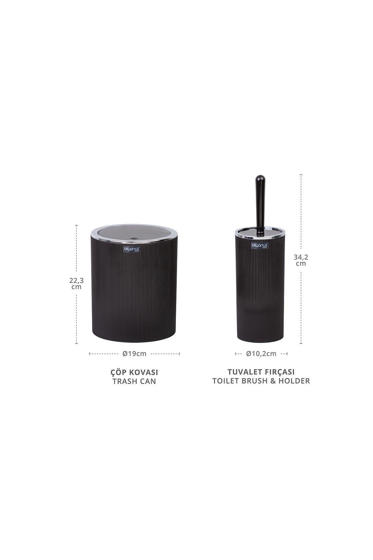 Black Chrome Striped Round Wc Bucket And Brush Set - Swordslife