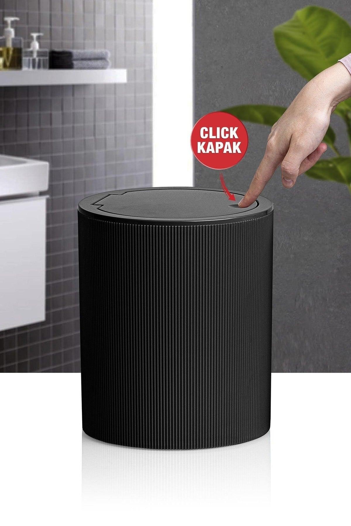 Black Click Lid Striped Round Dustbin - Swordslife