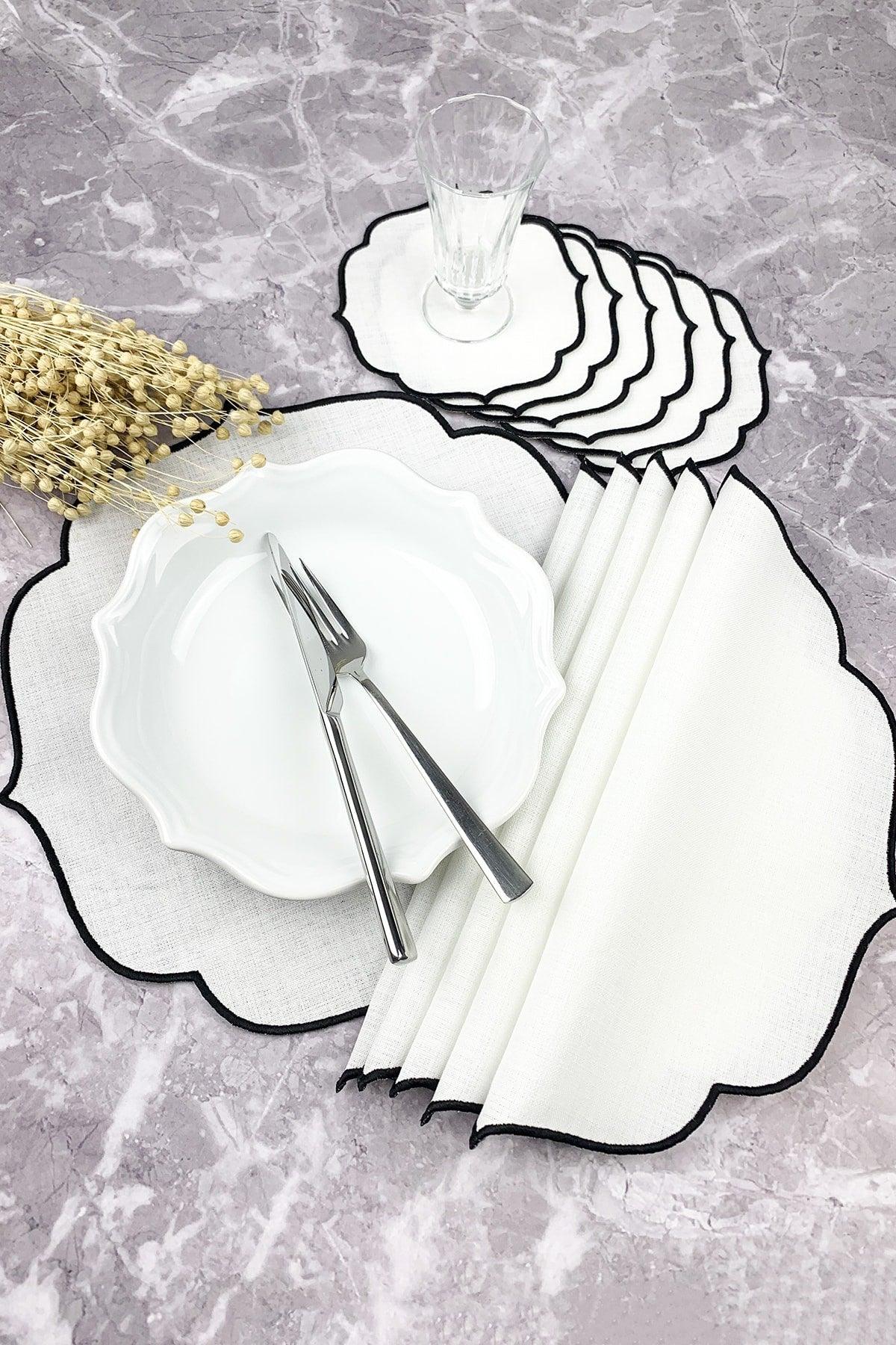 Black Embroidered 12 Piece Set Placemat And Cocktail Napkin - Swordslife