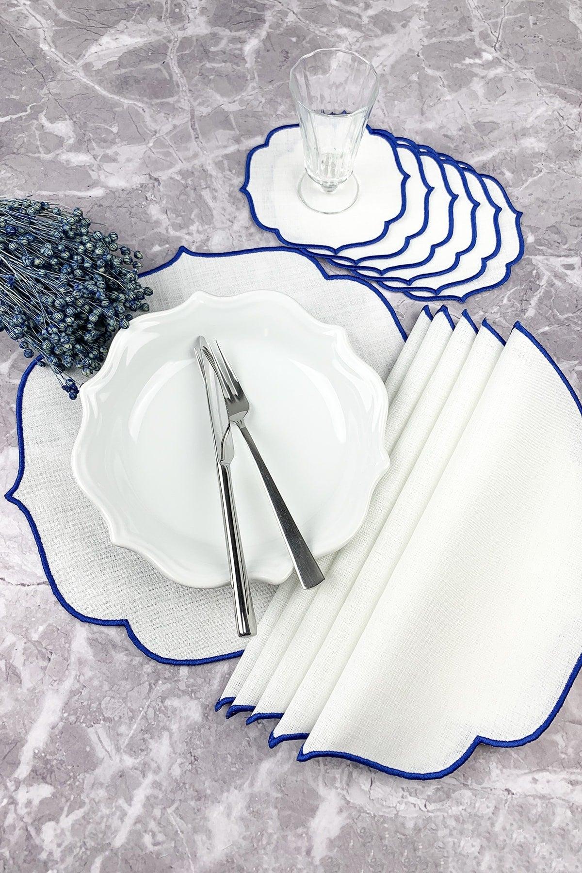 Blue Embroidered 12 Piece Set Placemat And Cocktail Napkin - Swordslife