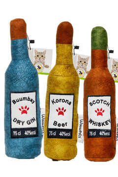 Set of 3 squeaky plush bottle-shaped dog and cat toys in bright colors