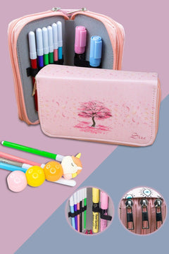 Sakura Vegan Leather Triple Pencil Case, 18x6x10 cm, Mellow Design