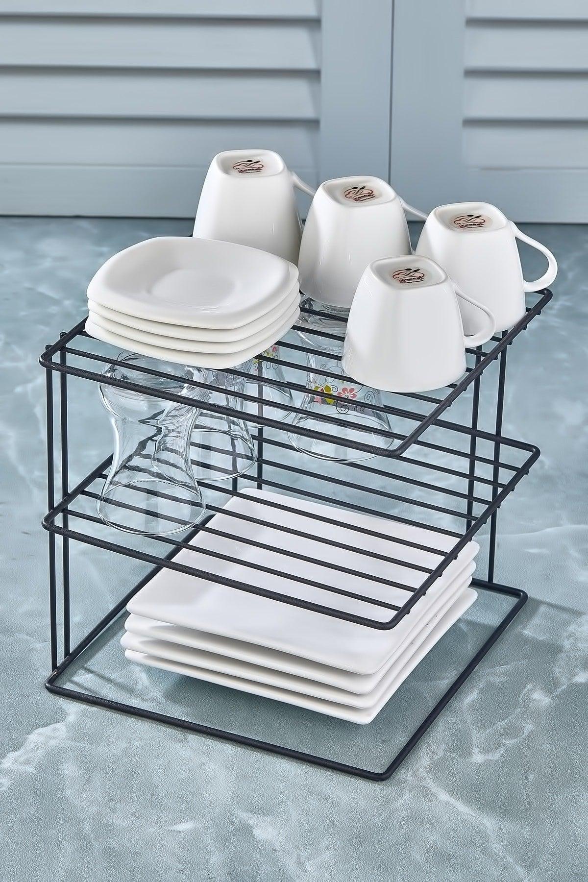 In-Cabinet Plate Organizer 3-Tier Shelf | Black Metal Kitchen Organizer - Swordslife