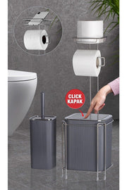 Chrome Backed Wc Paper Holder - Striped Square Anthracite Dustbin And Wc Brush Set - Swordslife