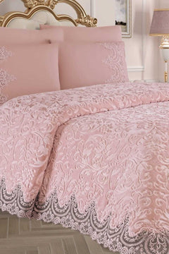 6-piece lace-embroidered bedding set with decorative pillows and blankets