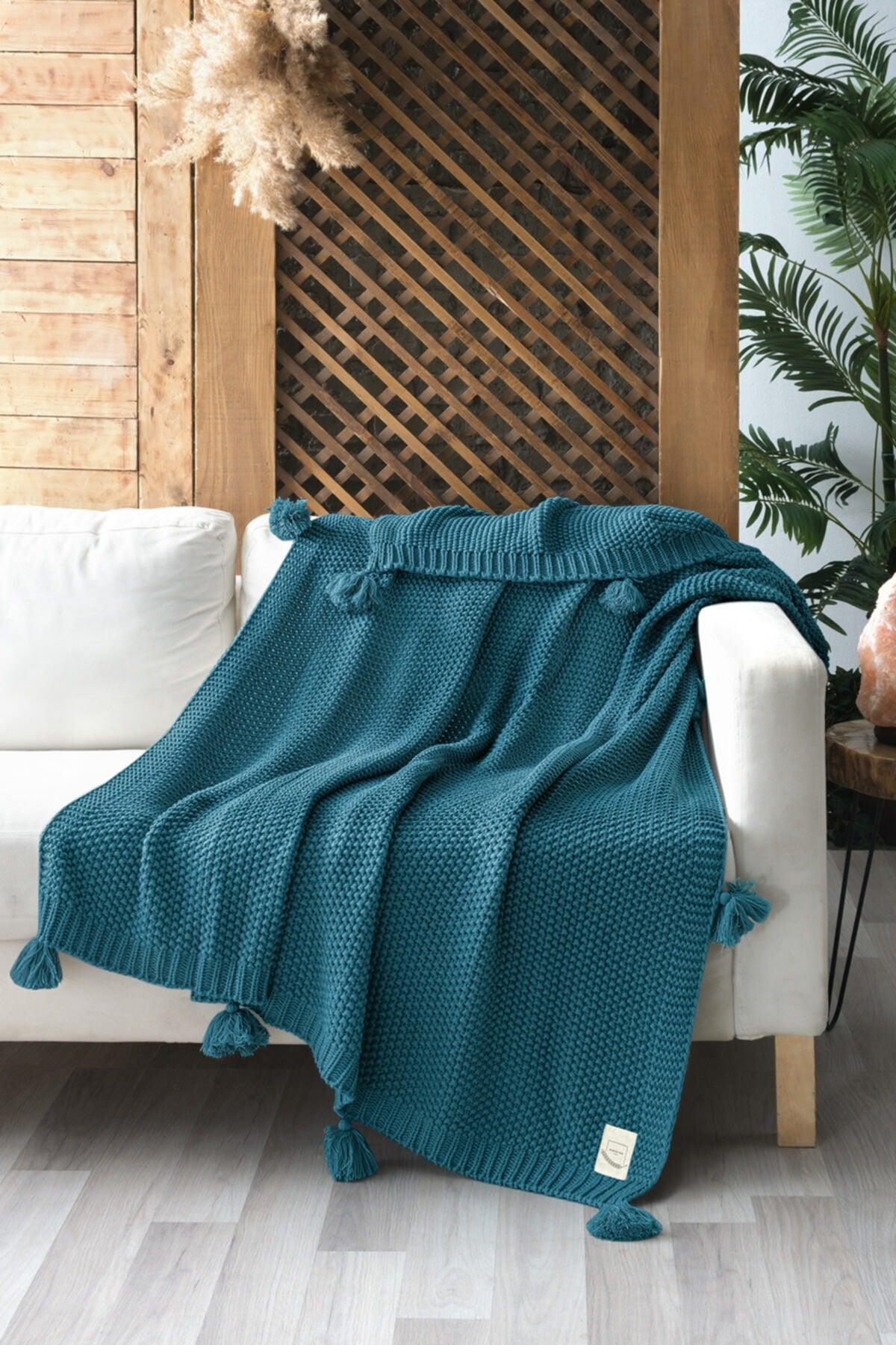 Coco Brass Knitted Pompom Knitwear Tv Blanket Throw Petrol - Swordslife