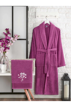 Cotton bathrobe set with embroidered towel 2-piece beige