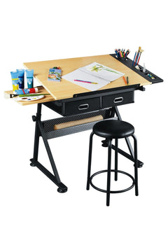 Adjustable design drawing desk with stool and storage