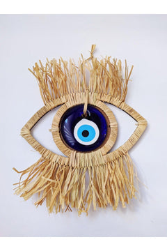 Handcrafted raffia wooden evil eye wall hanging