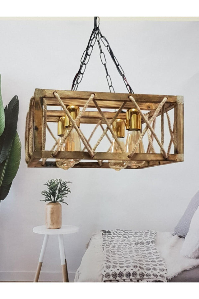 E27 Lampholder Wooden Square Chandelier 4 - Swordslife