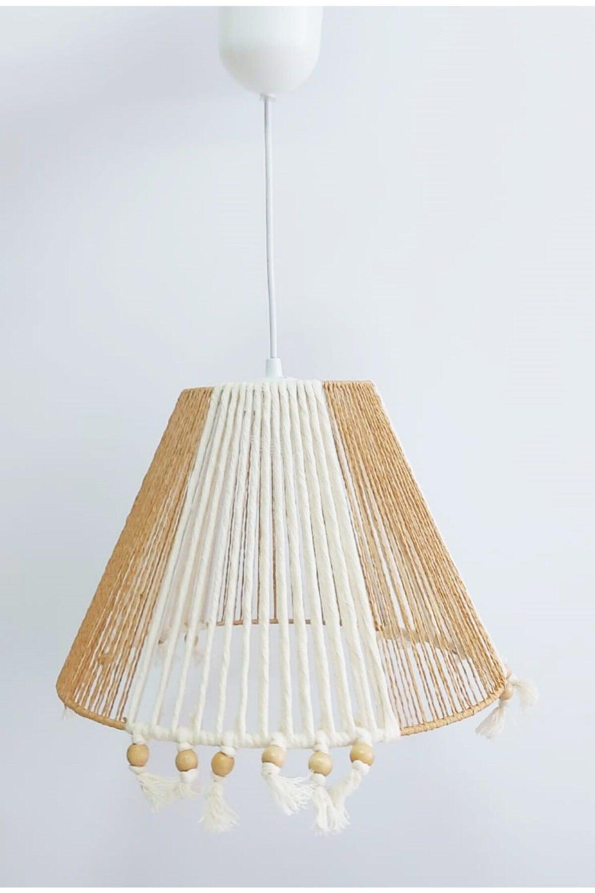 Ecru Macrame Thread And Paper Thread Wrapped Wooden Beaded Pendant Lamp Chandelier - Swordslife