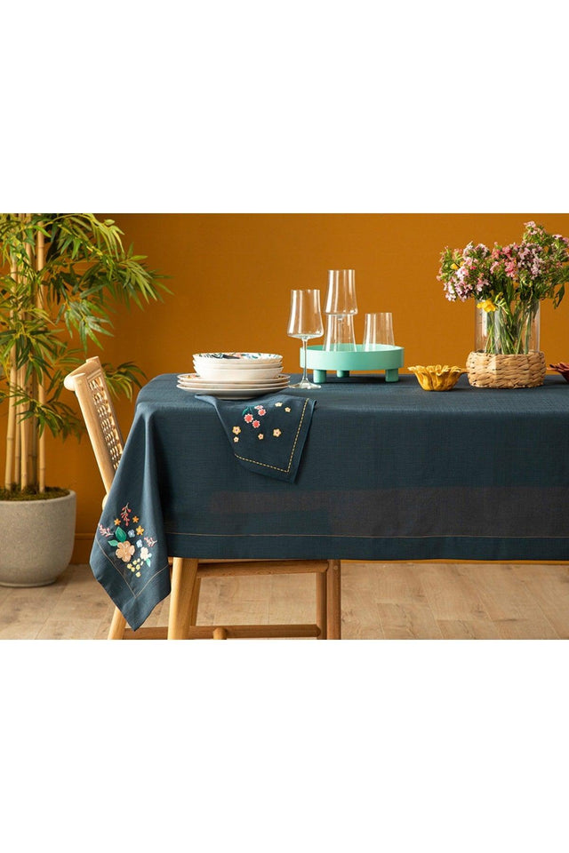 Flower Spree Embroidered Table Cloth 150x220 Cm Navy Blue - Swordslife