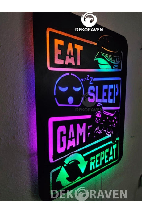 Gamer Led Lighted Wooden Table -eat Sleep Game Repeat 55x40 - Swordslife